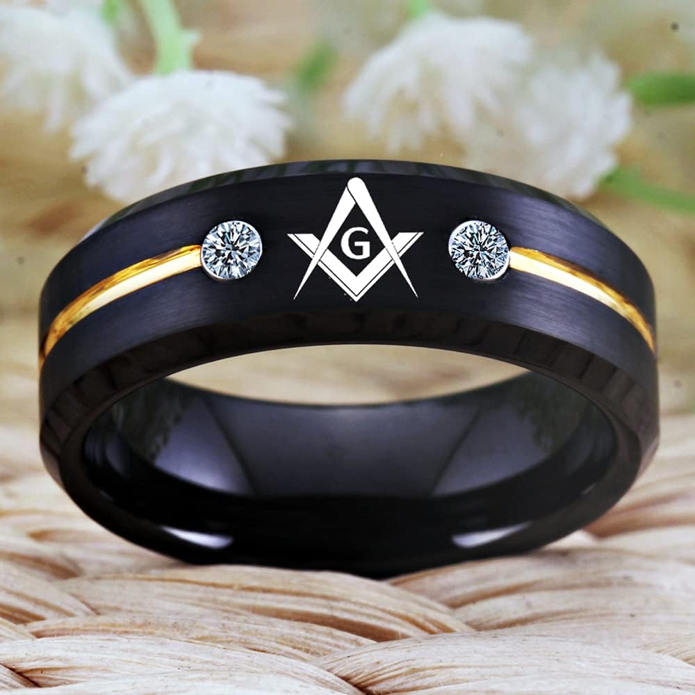 CLOUD DANCER Masonic Compass Square Free Mason Tungsten Ring - CLASSIC 8mm Black Men's Tungsten Carbide Ring for Wedding -Free Personalize it