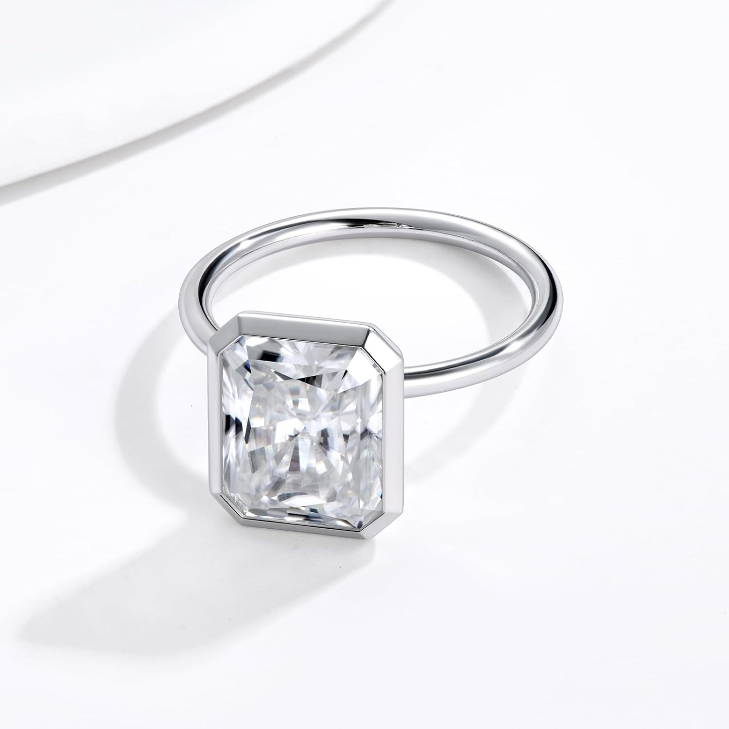 Radiant Cut Moissanite Engagement Ring for Women 2CT 3CT 5CT, Bezel Set Solitaire Ring, 925 Sterling Silver 14K Gold or White Gold Plated, D Color VVS1 Diamond Alternative Promise Wedding Ring