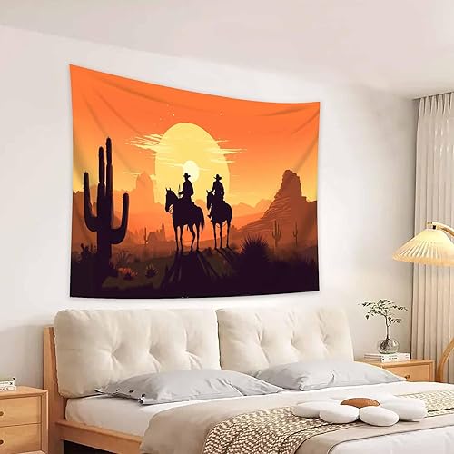 Miniatura 4 de MeguMoon Tapiz de vaquero occidental, tapiz de cactus del desierto, tapiz de atardecer de mediados de siglo, equitación en el desierto de mediados