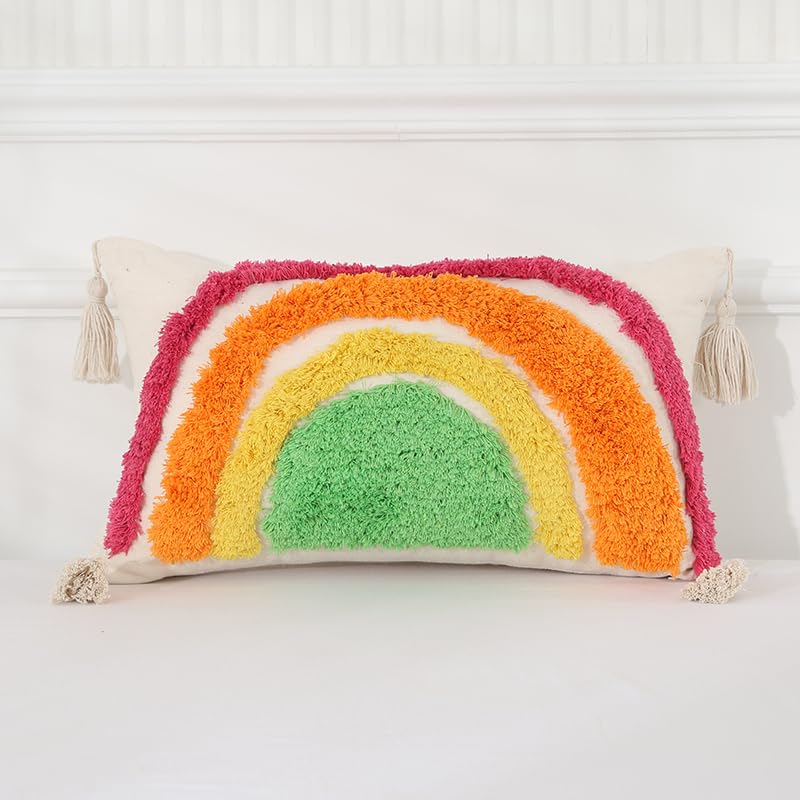 Dropshipful Colorful Rainbow Pillow Cover Boho Red Orange Yellow Green Tufted Pillow Cover for Couch Bed Living Room, Fun Cute Rainbow Shape Rectangle Pillow Case 12x20 Inches