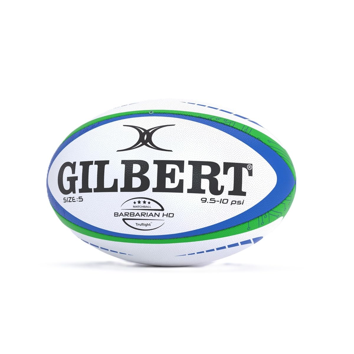 Gilbert Pallone da rugby Barbarian HD, misura 5, colore: bianco, verde, blu