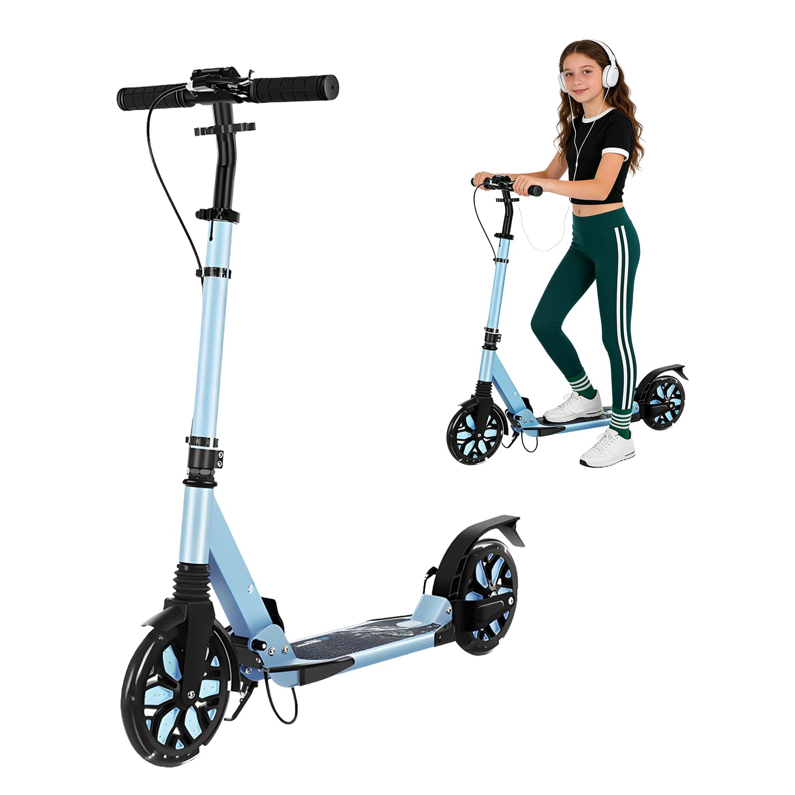 Scooters for Kids, Led Light-Up Rear Wheel, 4 Adjustable Height Dual Brakes,Foldable 8in Big Wheel Scooter, Shock Absorption, 2 Wheel Kick Scooter for Adults, Teens, Up to 300 Lbs