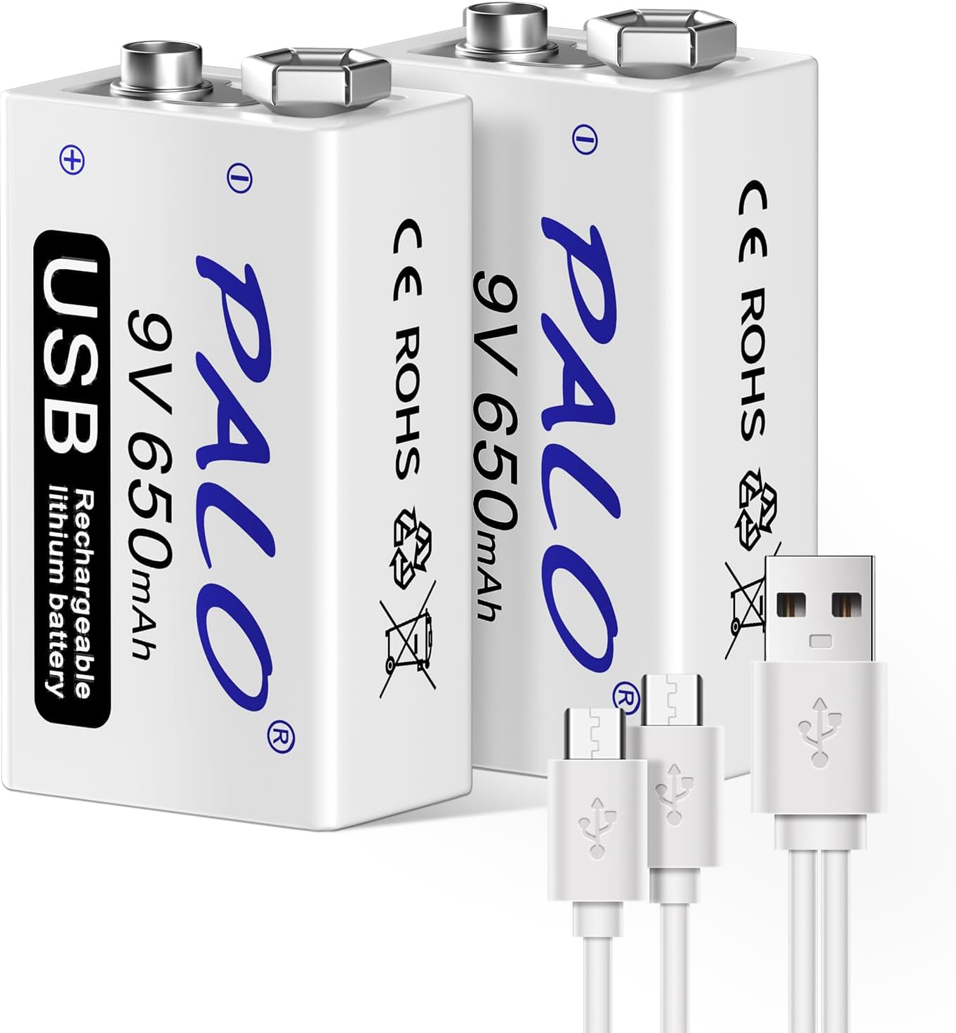CITYORK 2 Pack 9V USB Rechargeable Battery 650mAh Li-ion with 2 in 1 USB Cable for Keyboard Microphone Smoke Alarm