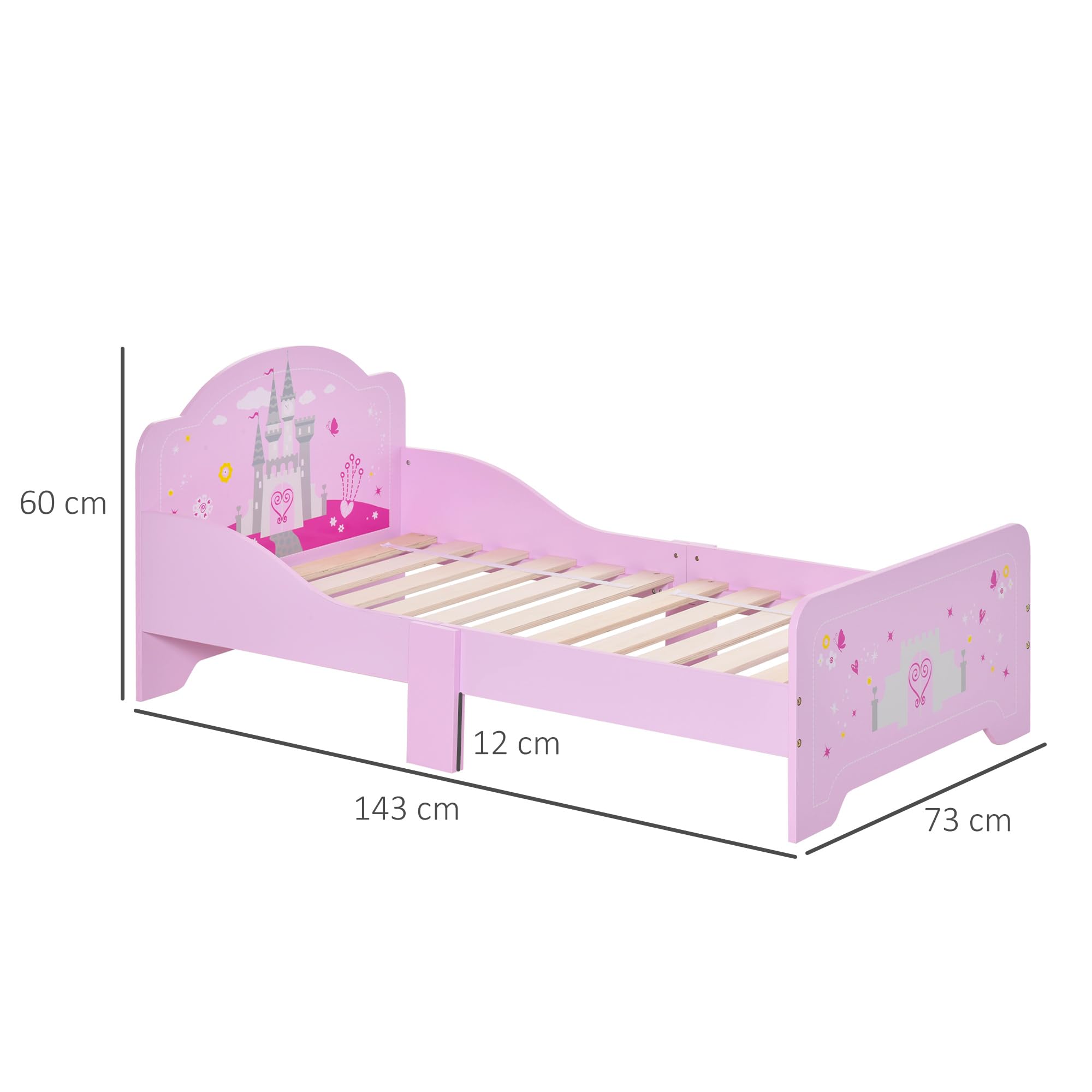 HOMCOM Letto per Bambini con Bordi Rialzati in Legno per Cameretta, Lettino per Bimbi da 3-6 Anni, 143x73x60cm, Rosa