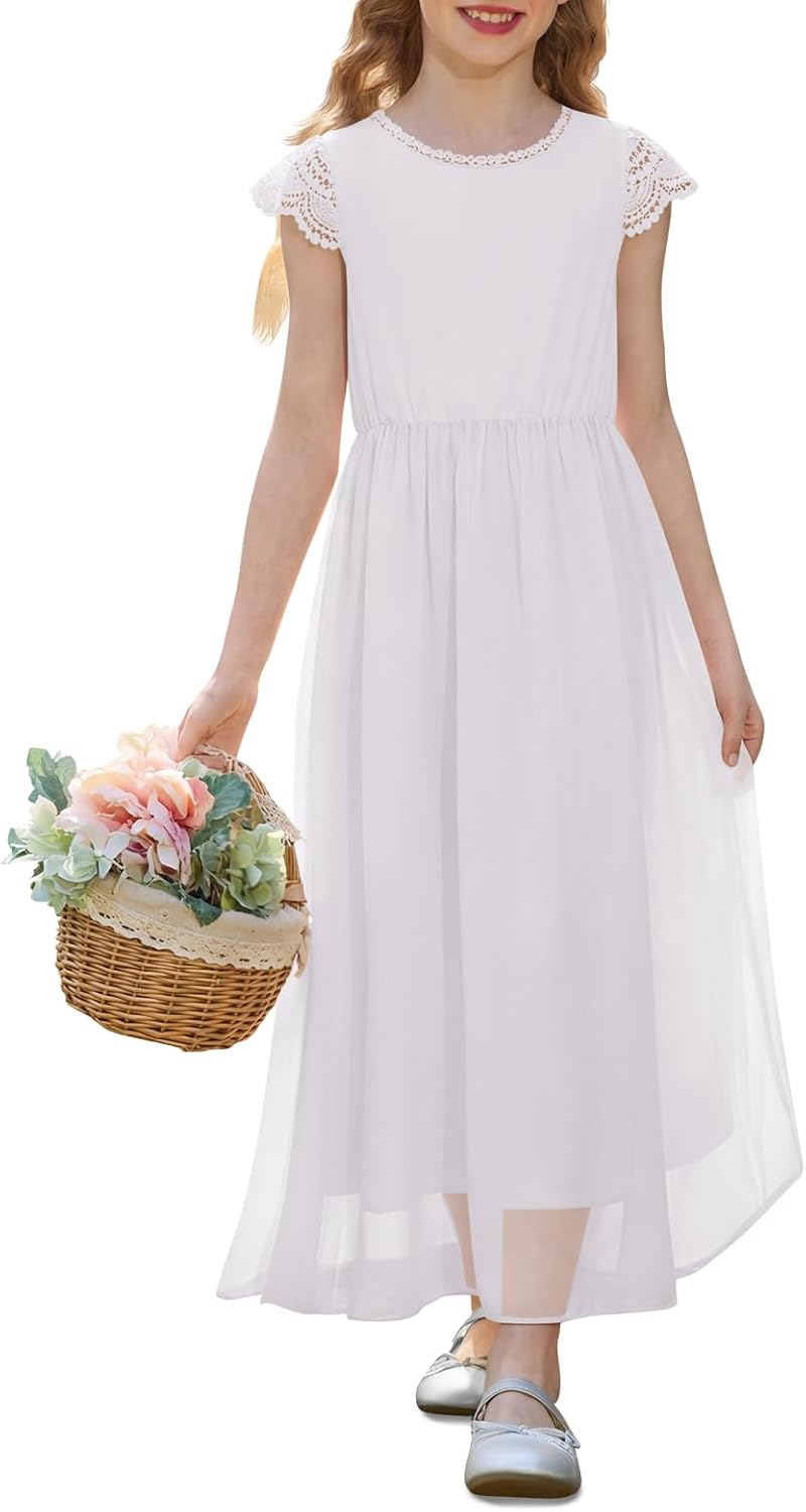 Haloumoning Flower Girl Chiffon Maxi Dress Kids A-Line Lace Sleeve Junior Bridesmaid Wedding Party Dress 5-14Y