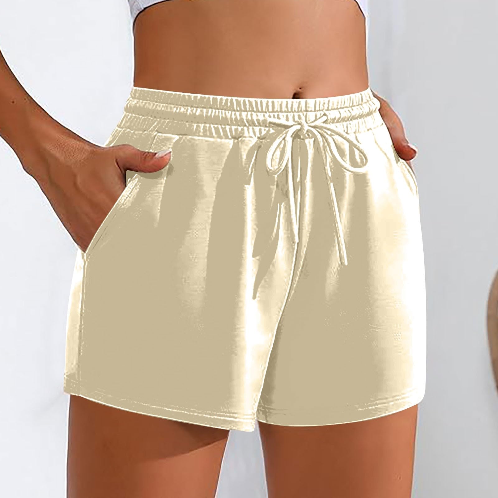 Athletic Shorts for Women Casual Loose Drawstring Solid Color Workout Shorts Stretch Quick Dry Running Gym Yoga Shorts Beige