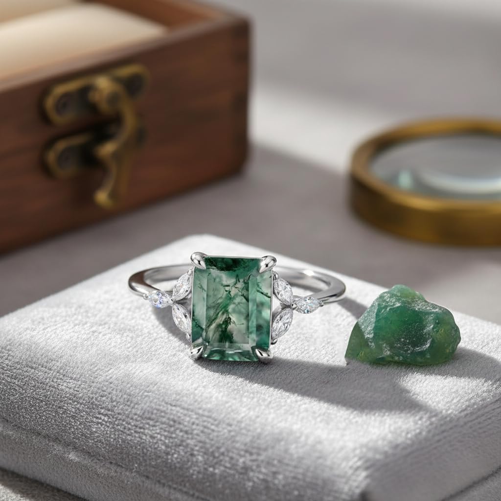 Moss Agate Ring 925 Sterling Silver Personalized Green Moss Agate Engagement Statement Ring for Women Birthday Gifts - Image 3