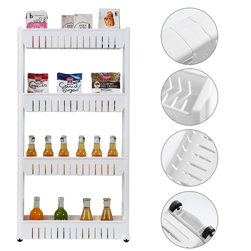 4 Tier Multipurpose Plastic Storage Organizer Slim Rack Shelf with Wheels | Slim Slide Out Kitchen Trolley Rack Holder Storage Organizer for Kitchen, Bathroom (White)-picture-12