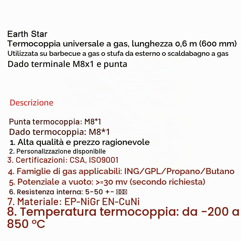 Earth Star universale gas termocoppia 0.6m M8 x 1 testa dado punta