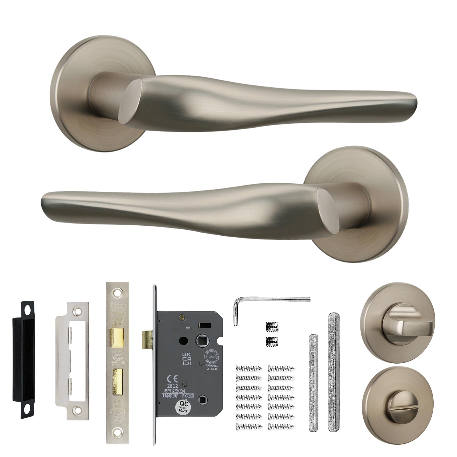 Decoranddecor Satin Nickel Interior Door Handle Set with Privacy Lock, Aluminum Construction, Nanda Range