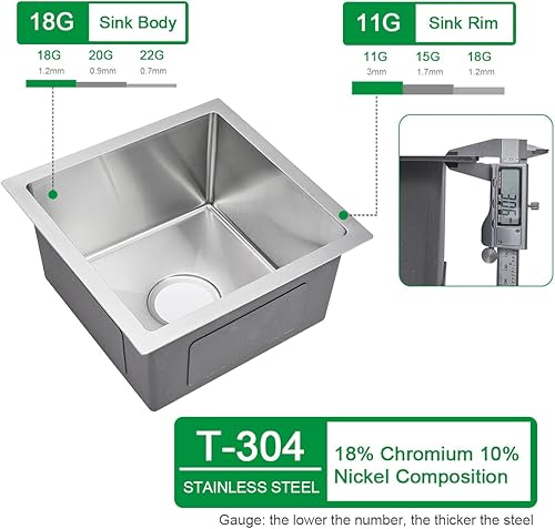 Miniatura 4 de OUGOO Fregadero de barra de 15 x 13 pulgadas, con radio hermético de calibre 18, de acero inoxidable, empotrado, hecho a mano, fregadero de cocina