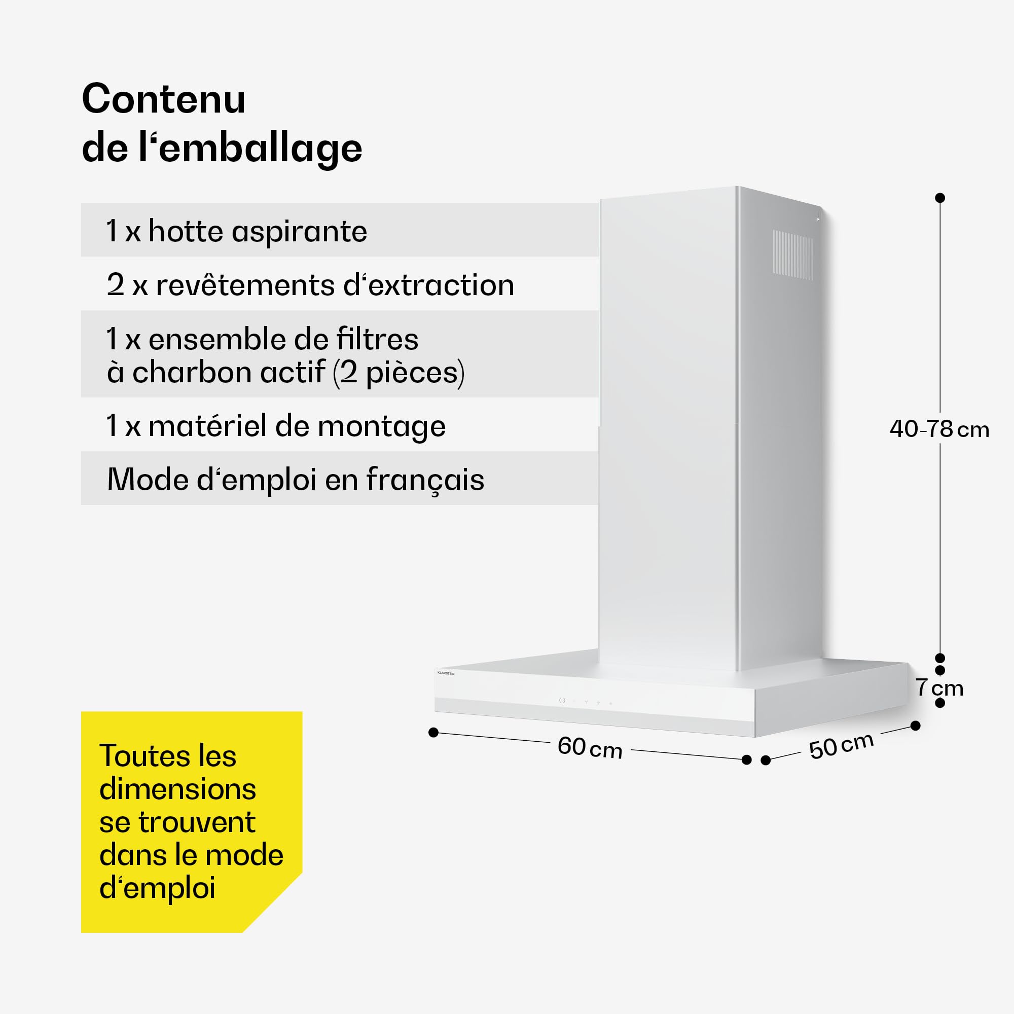 Klarstein Velaire Hotte Aspirante 60 cm - Hotte Murale Silencieuse, 600 m³/h, A++, Commandes Tactiles, LED, Filtre Charbon, 3 Vitesses, Cuisine Moderne, Blanc