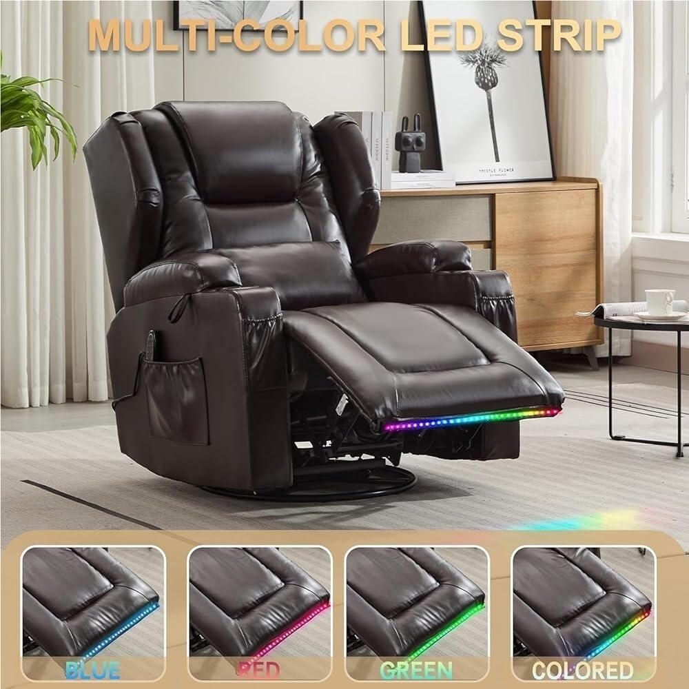 Comfy Glider Rocking Recliner Chair with Massage Heat Swivel Base Cup Holders Lumbar Pillow LED Light Manual Nursery Living Room Sofa