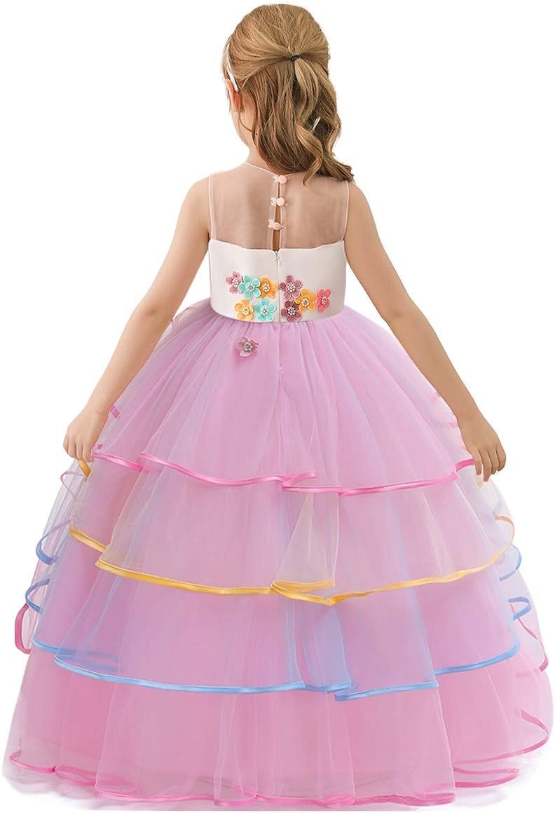Girls Unicorn Costume Pageant Princess Birthday Christmas Party Long Maxi Tulle Halloween Fancy Dress w/Headband