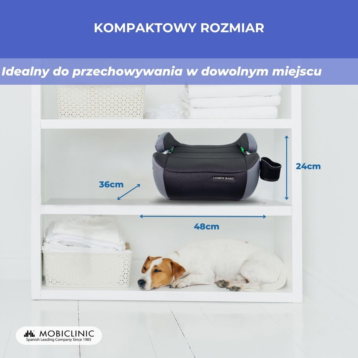 Mobiclinic®, Podwyższenie Fotelika,ISOFIX Regulowany, I-Size ECE R129, Uchwyt na Butelkę, 125–150 cm, Zdejmowana i nadająca się do prania tapicerka, 22–36 kg, Wyściełany podłokietnik, Lionfix Basic