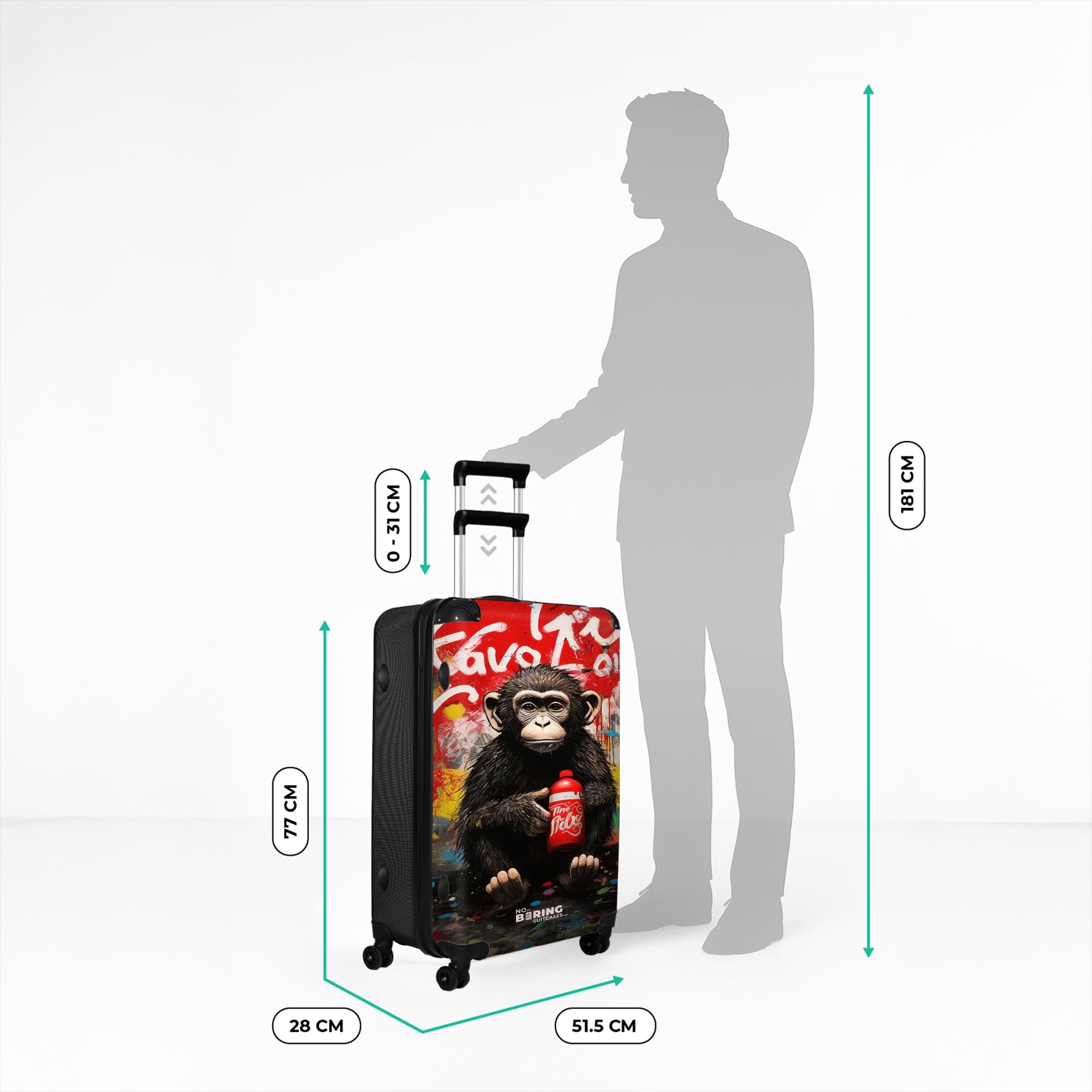 NoBoringSuitcases.com® Koffer XL Groß 77x51.5x28 cm Hartschale Reisekoffer 4 Rollen Leicht Koffer Trolley Hartschalenkoffer Graffiti - AFFE - Cola
