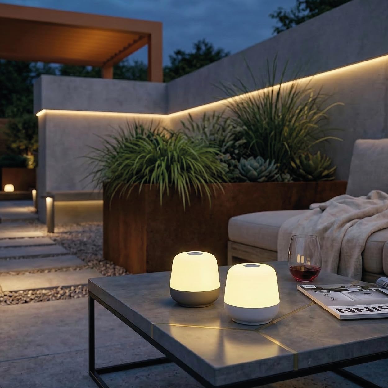 Drahtlose Tischlampe - 3er Set + Ladestation weiß - Naxos - Taupe - Tischleuchte für Innen und Außen - Wiederaufladbar - LED - Touch - Dimmbar