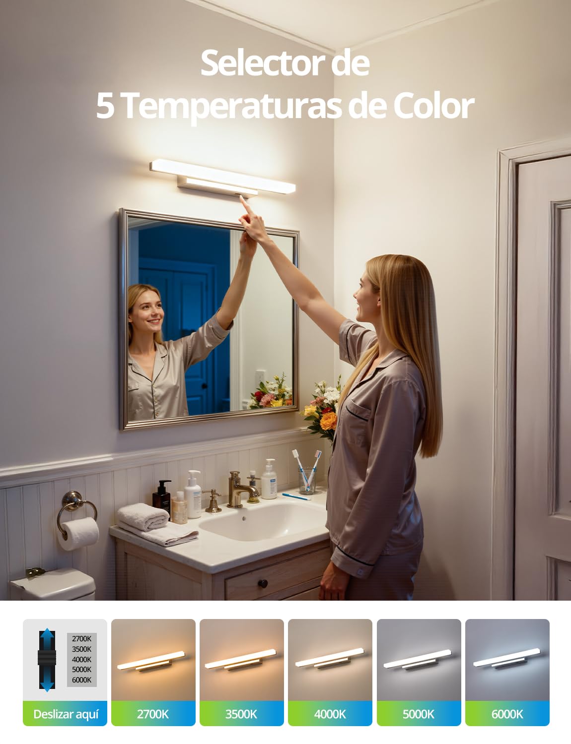 Yafido 40CM LED Aplique Espejo Baño, 5 Temperaturas de Color IP44 Luz Espejo Baño, Moderno10W 880LM Cromo Lampara 230V, Barra óptica de acrílico, 2700K 3500K 4000K 5000K 6000K