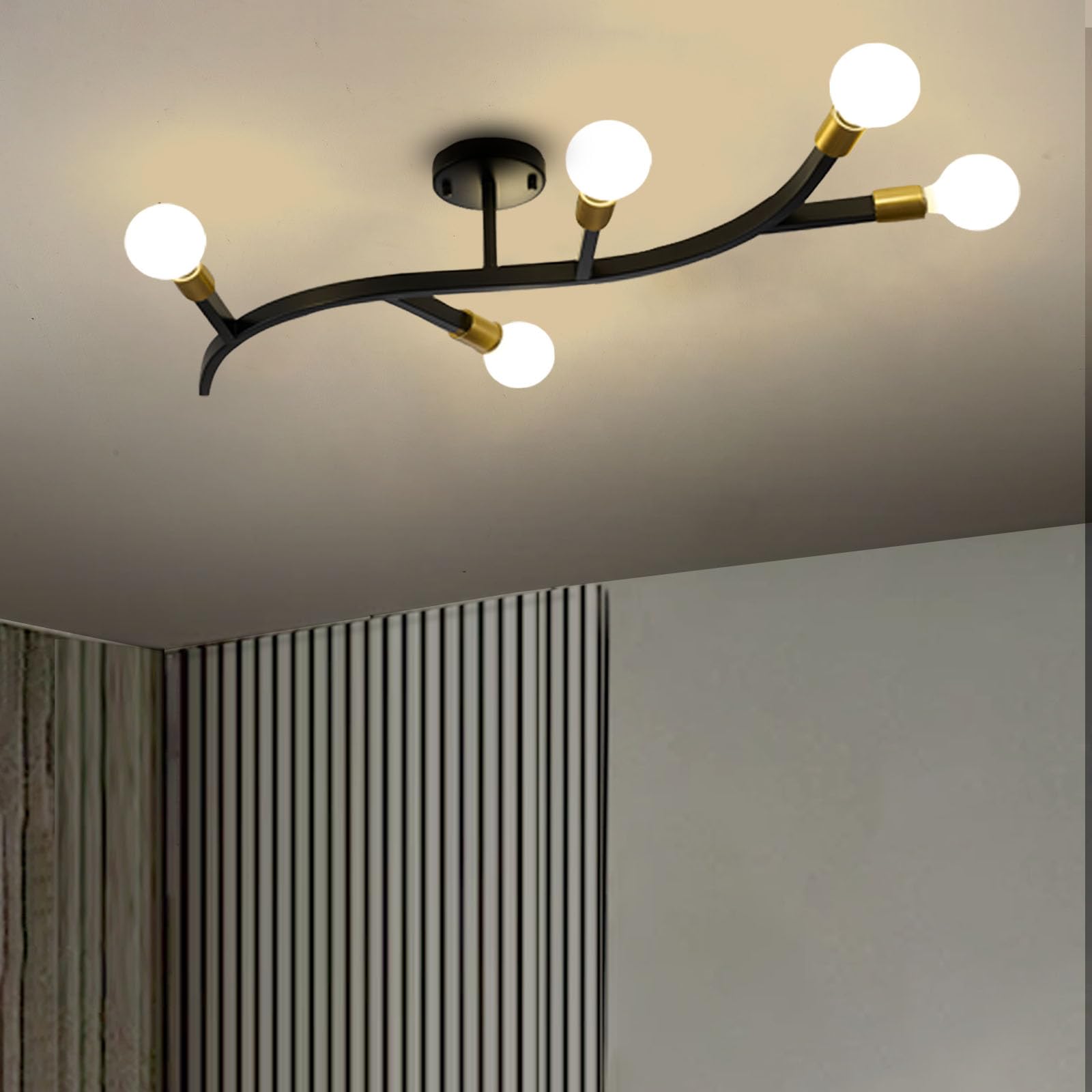 Modern Mid Century Farmhouse 5-Light Gold & Black Sputnik Chandelier: Semi Flush Mount Ceiling Light for Living Room, Dining Room, Kitchen, Hallway - Off-Center Design (E26 Base) (Bulbs Not Included)