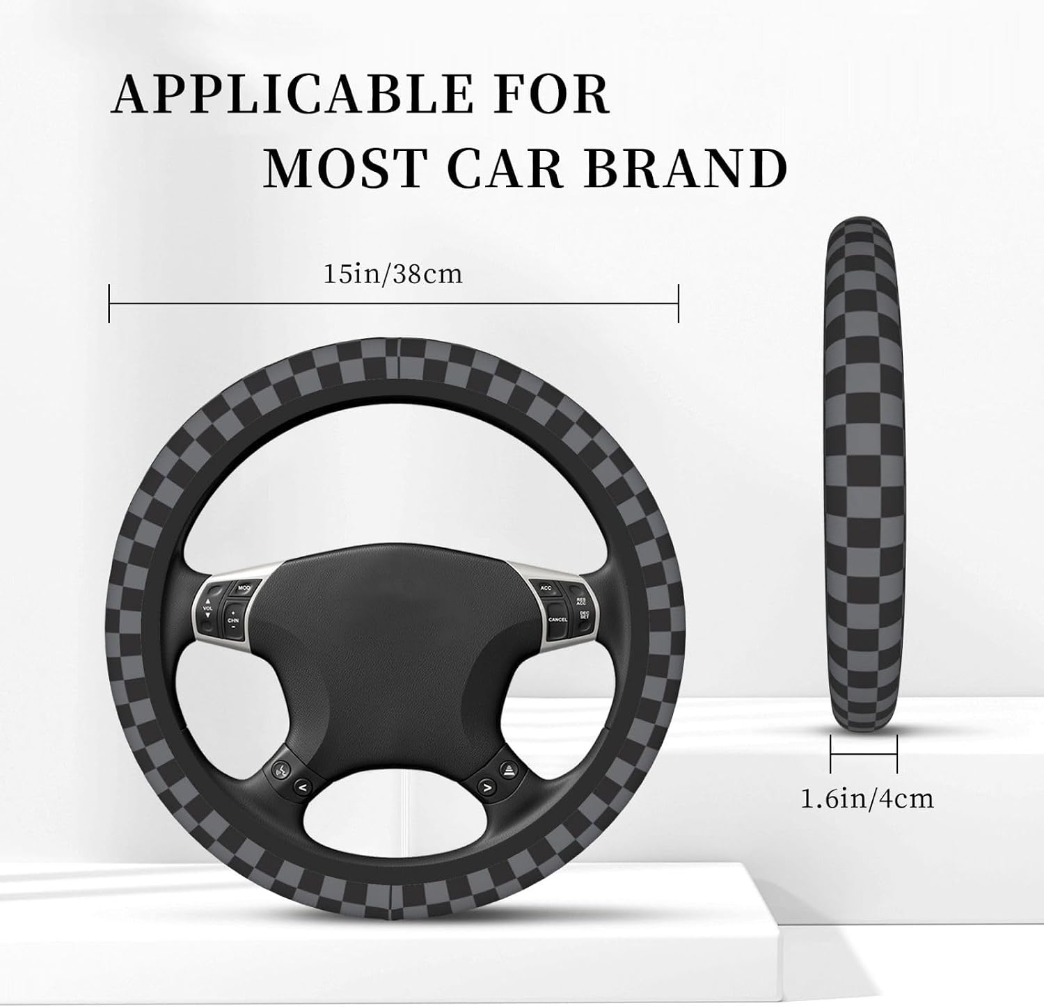 Black and Gray Checkered Steering Wheel Cover for Women, Steering Wheel Covers with Anti-Slip Lining, Universal 14.5-15 inchs Car Interior Accessories with 2PCS Car Coasters Suitable for Men and Women