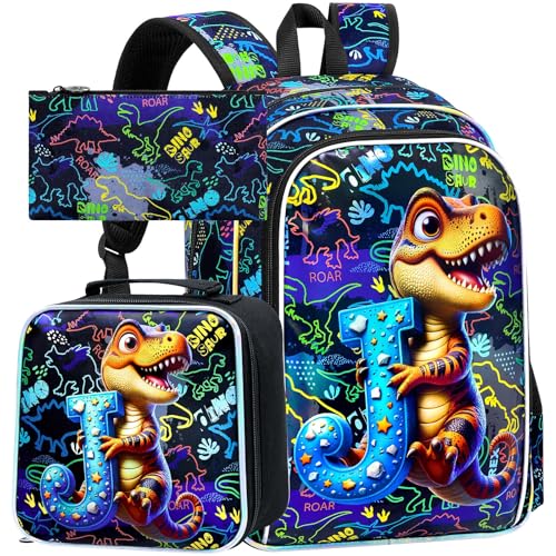 Image of HPJGD 3PCS Dinosaur Bookbag for Boys, Water Resistant Kids Backpack Set with Lunch Box, Cool School Bag for Preschool Toddler - Dinosaur Holding Letter J