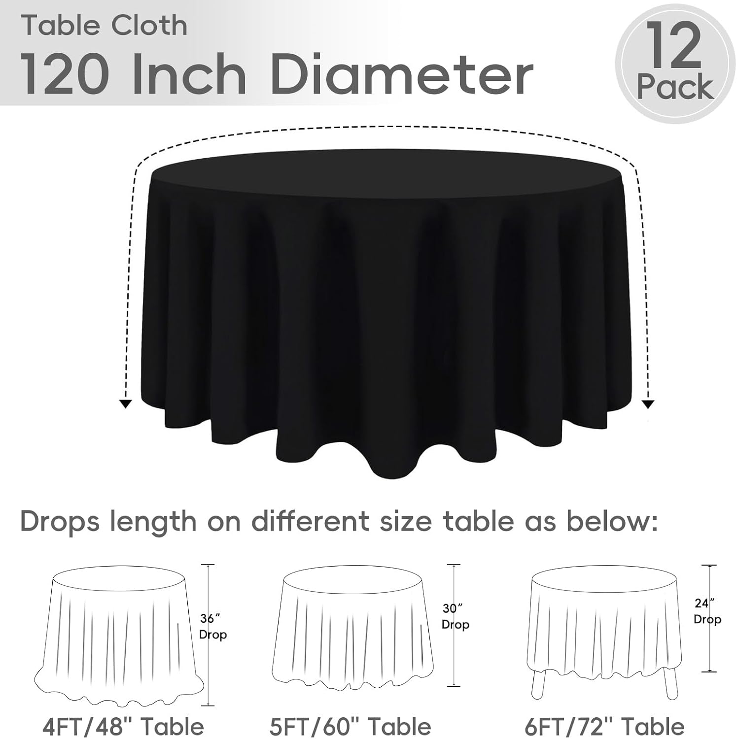 12 pack round tablecloth 120 inch cloth black tablecloth for round tables, washable polyester table cloth stain and wrinkle resistant decorative table cover for wedding party dining banquet black 12 pack - 120 inch round