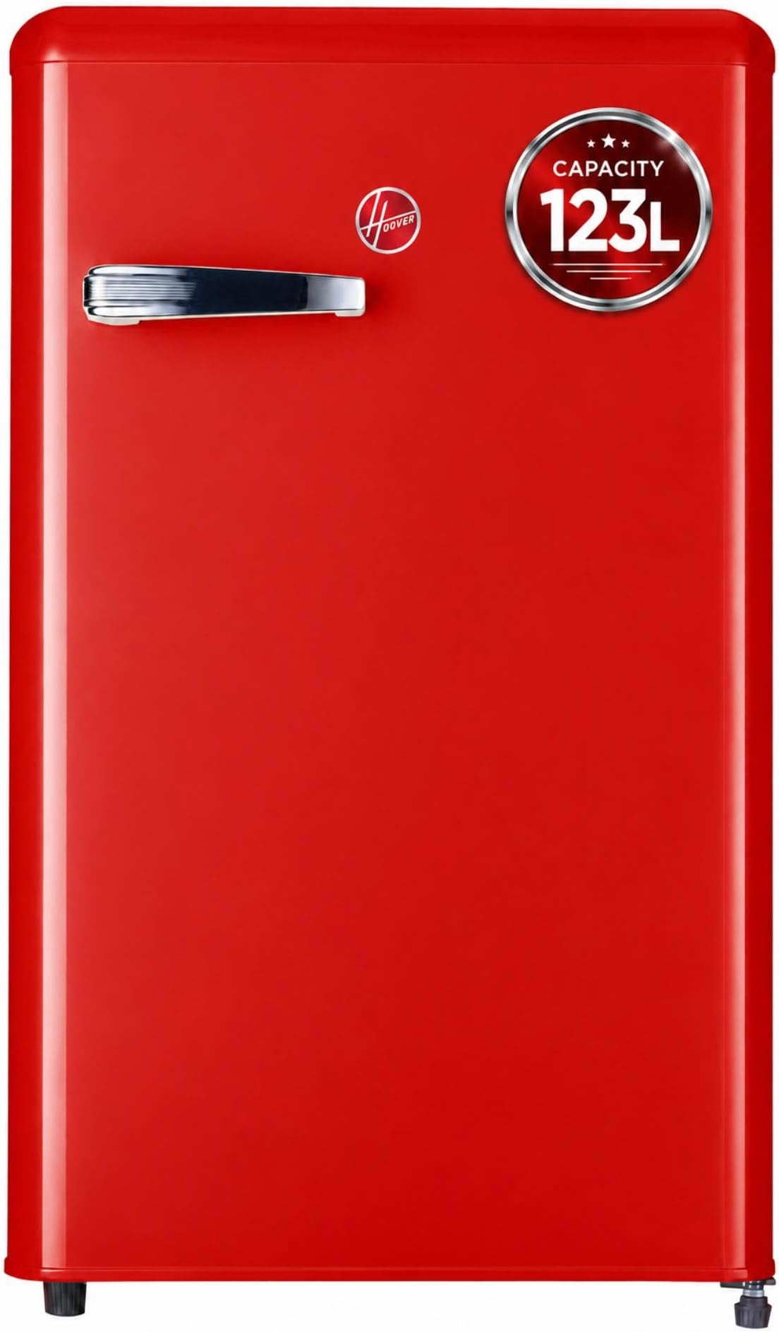 Hoover 123L Retro Style Single Door Refrigerator, Compact Free Standing Fridge with Freezer, Tempered Glass Shelves, Adjustable Thermostat, Eco-Friendly, 1 Year Warranty, Red- HSD-K123R