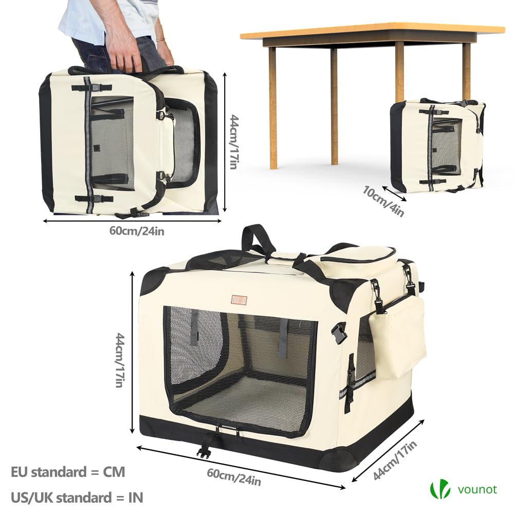 VOUNOT® Sac Transport Pliable pour Chien et Chat Caisse de Transport Respirant avec Matelas en Peluche Amovible Porté par Main/Bandoulière Idéal pour Animaux Domestiques M Beige