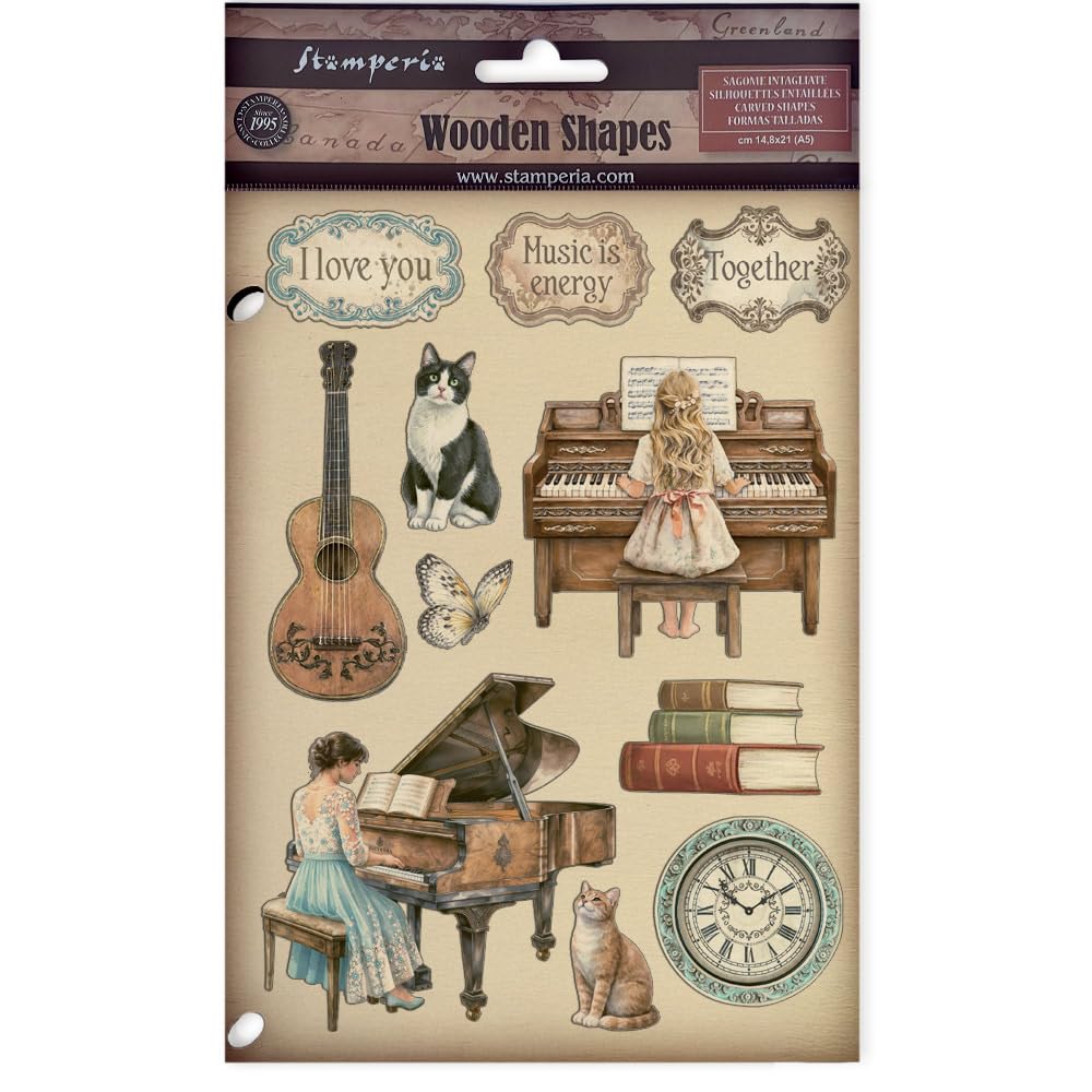 Stamperia - Coloured Wooden Shapes for Scrapbooks, Albums, Cards, Bullet Journals and More, Laser Cut, Printed for Enhanced Detail, Perfect for Hobbies, Crafts and Gifting (Symphony) (A5)