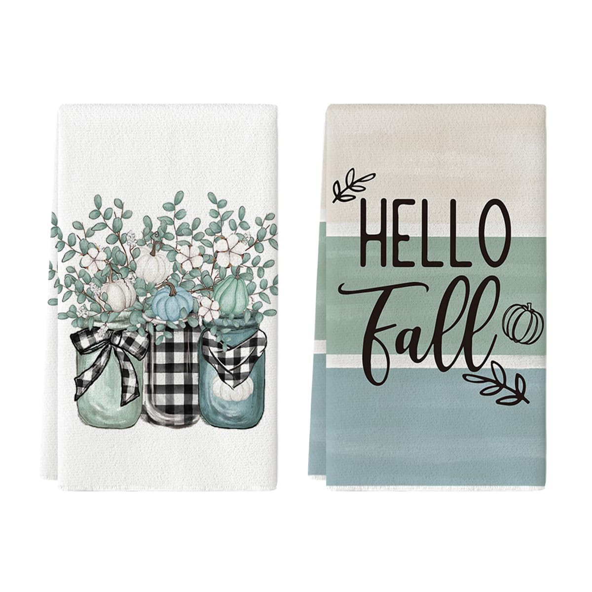 Artoid Mode Eucalyptus Leaves Buffalo Plaid Pumpkin Hello Fall Kitchen Towels Dish Towels, 18x26 Inch Vase Decoration Hand Towels Set of 2