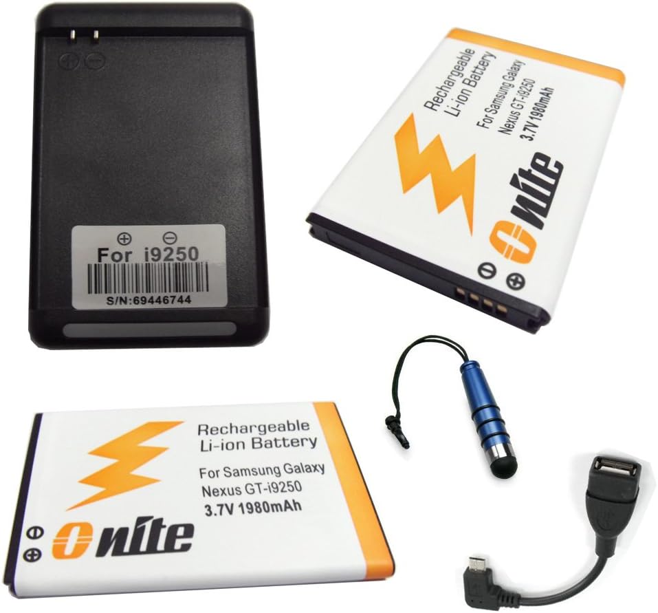 Onite 2 x 1980mAh Li-ion Battery For Samsung Google Galaxy Nexus I9250, Samsung Google Nexus 3, Samsung Galaxy X + Battery Dock Charger + Capacitive Pen + USB OTG Cable