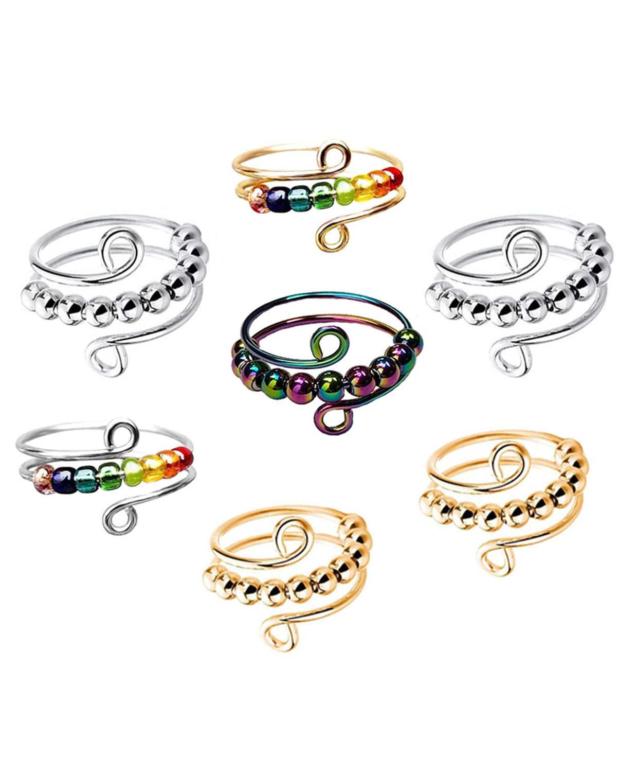 Pack de 7 anillos antiestrés ajustables, alivio de la ansiedad y anillo antiestrés colorido, juego de anillos de ansiedad, hilado de ansiedad con cuentas, spinner abierto para mujeres