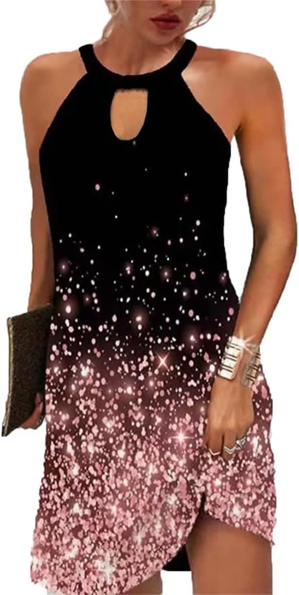 Kubsid Halter Dresses for Women 2026 Casual Floral Print Summer Dresses Hollow Out A-line Sundresses for Beach Vacation
