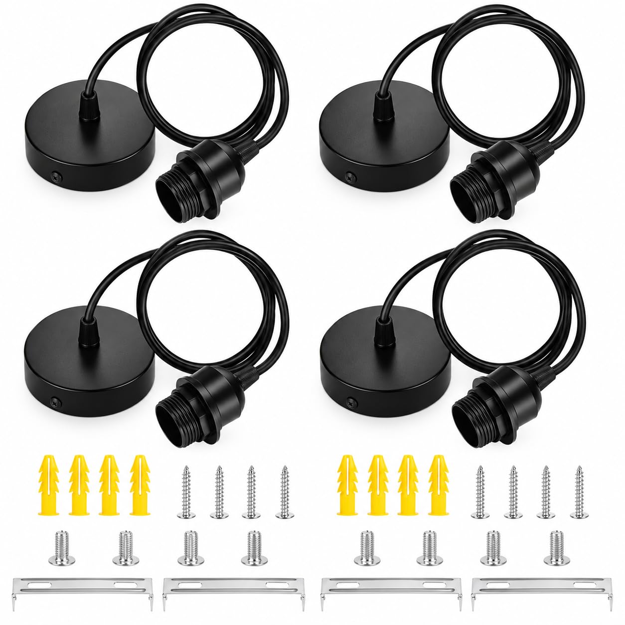 4Pack E27 Black Pendant Light Fitting with Ceiling Rose Light Fitting 100cm