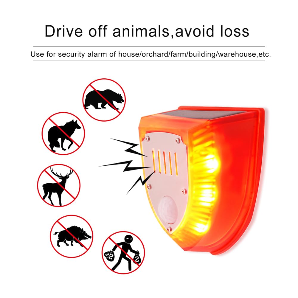 HUIOP Alarme détecteur de mouvement, lumière stroboscopique solaire avec capteur de mouvement PIR Alarme temporisée à induction du corps humain Lumière d'alarme Dispositif anti-vol pour animaux 3