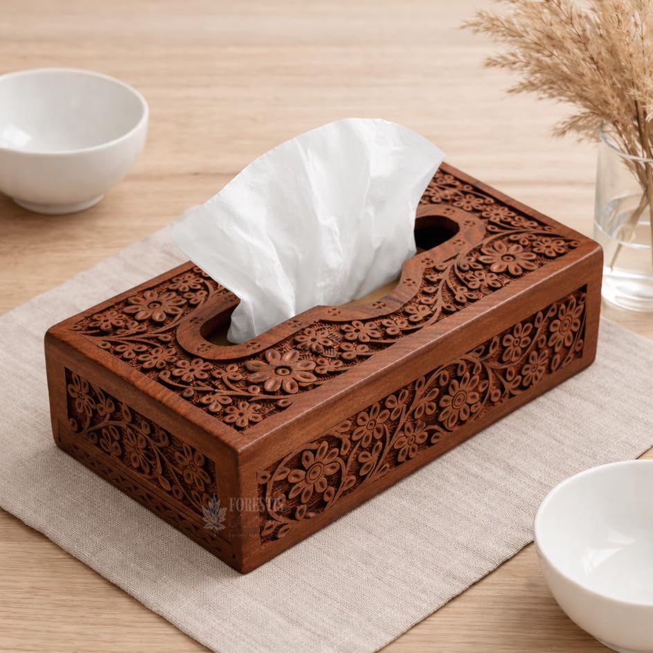 Image of Wooden Tissue Box| Acacia Wood Napkin Box| Tissue Holder Organizer for Table, Home, Office, Car| Rectangular Facial Paper Cloth Storage Case| Dispenser (9X5 Inches, Acara)