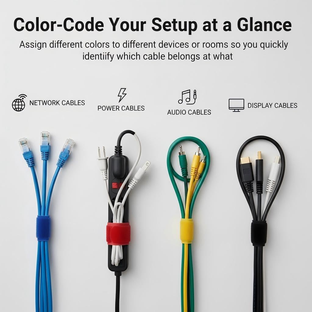180PCS 6-Inch Reusable Hook and Loop Cable Ties, Hook and Loop Straps for Cords and Wires, Multi-Color Cord Organizers for Home, Office, Garage (Black, White, Red, Yellow, Blue, Green)