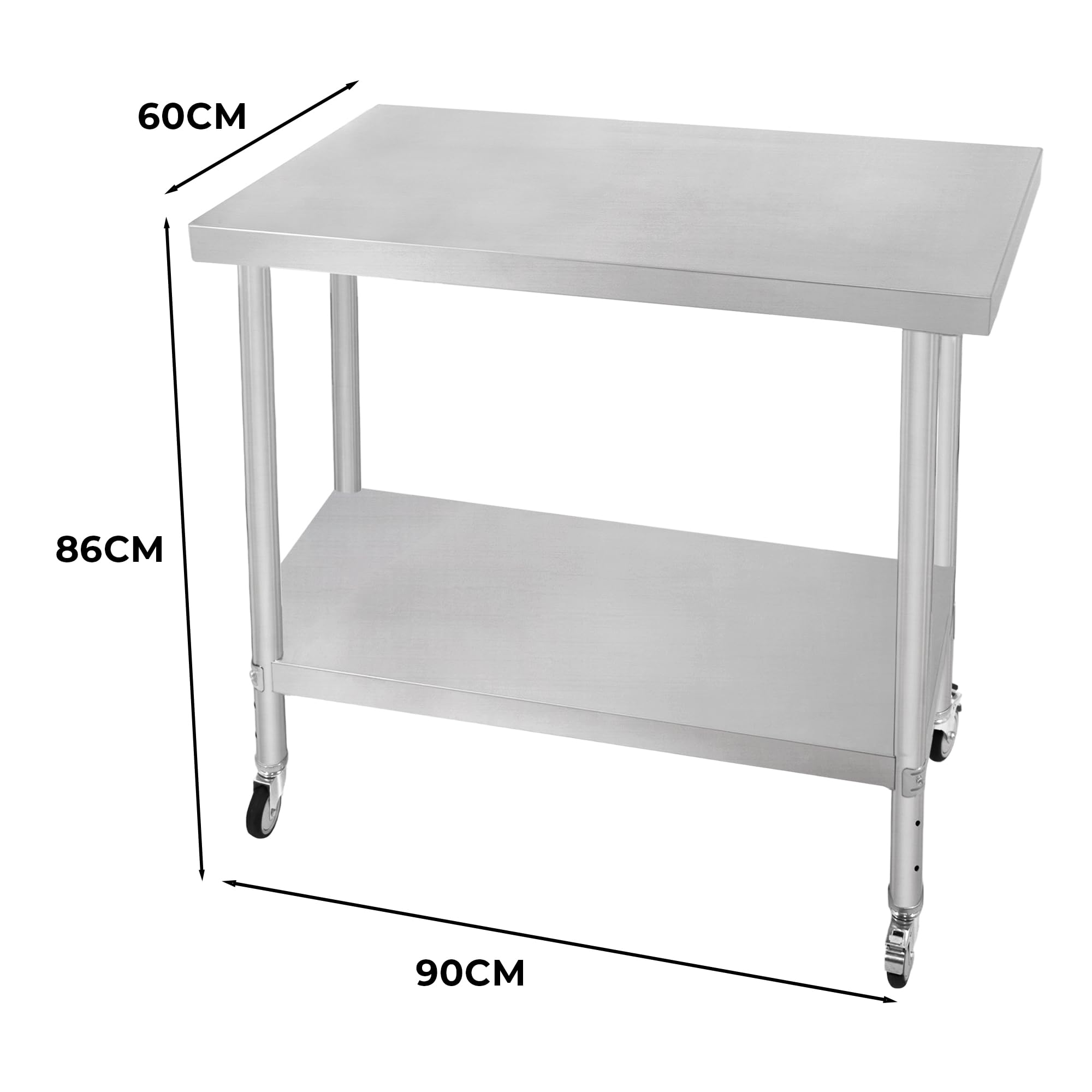 Tavolo da cucina in acciaio inox per la preparazione dei cibi con 4 ruote piroettanti con 2 freni e 4 piedini adattabili Ripiano inferiore regolabile 3 posizioni Portata 160 kg 60cm x 90cm x 86cm