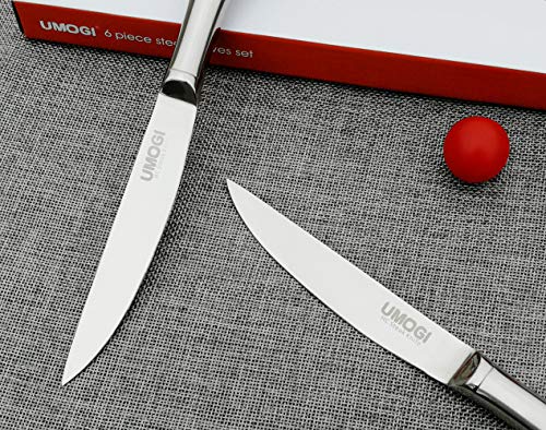 Steak Knives Set Of 6 - Premium Stainless Steel, Dishwasher Safe - Polished Shiny Blade & Handle, Straight Edge - Kitchen Table Knife Set 4.5 Inch Dinner Knives Non Serrated Umogi #TOP7