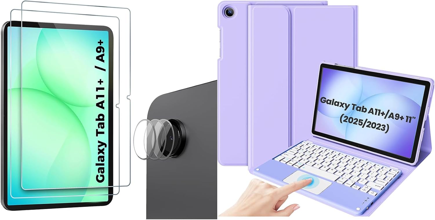ProCase 2-Pack Screen Protector with 3 Camera Lens Protectors and Purple Keyboard Case Bundle for Galaxy Tab A11+ 2025 and Galaxy Tab A9+ 11" 2023, Tempered Glass with Touchpad Keyboard Case