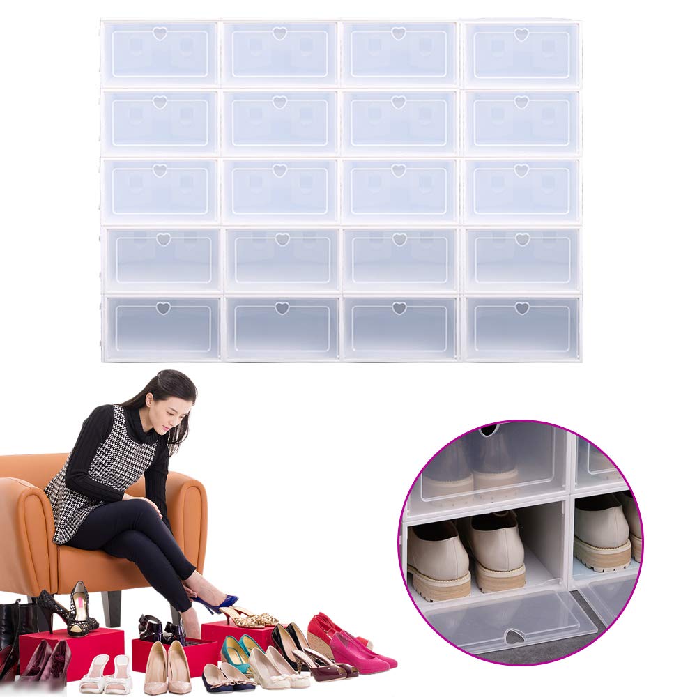 20 Scatole Bianche Trasparenti per Scarpe Impilabili, Scatole di Plastica con Coperchi Flip Cover Foro a Cuore Ripiegabili Portaoggetti Uomo Donna Grande Organizer Rack Panca Casa Camera da Letto Ar