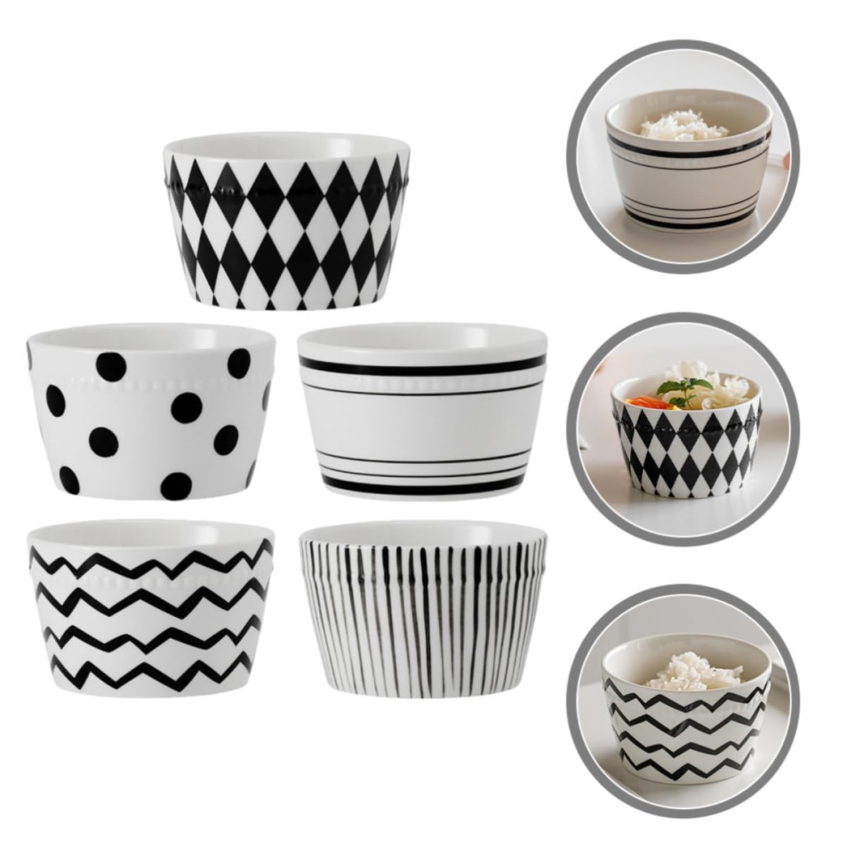 Set di 5 Ciotole da Riso in Ceramica 330ml per Casa | Fondo Antiscivolo, Resistenza alla Rottura, Stile Bianco e Nero, Confezione in Scatola