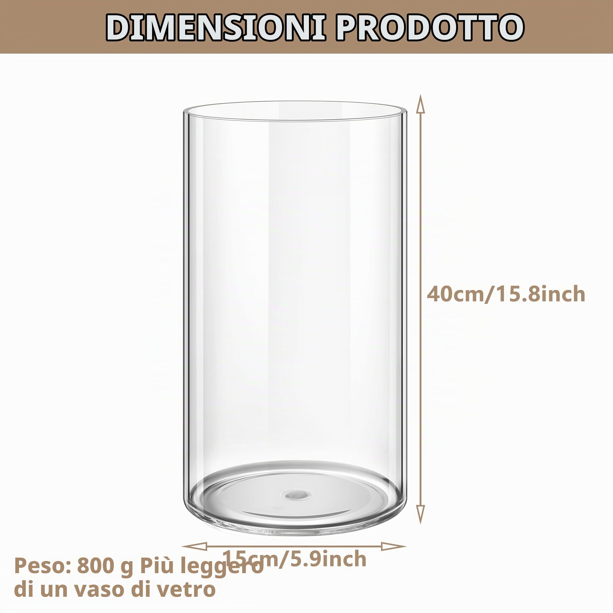 Vaso Acrilico Trasparente per Fiori - Vasi Cilindrici Infrangibili Decorativi, Portafiori Moderno per Interni/Esterni, Regalo Matrimonio/Casa/Ufficio, Centrotavola per Cena/Feste-15x40cm