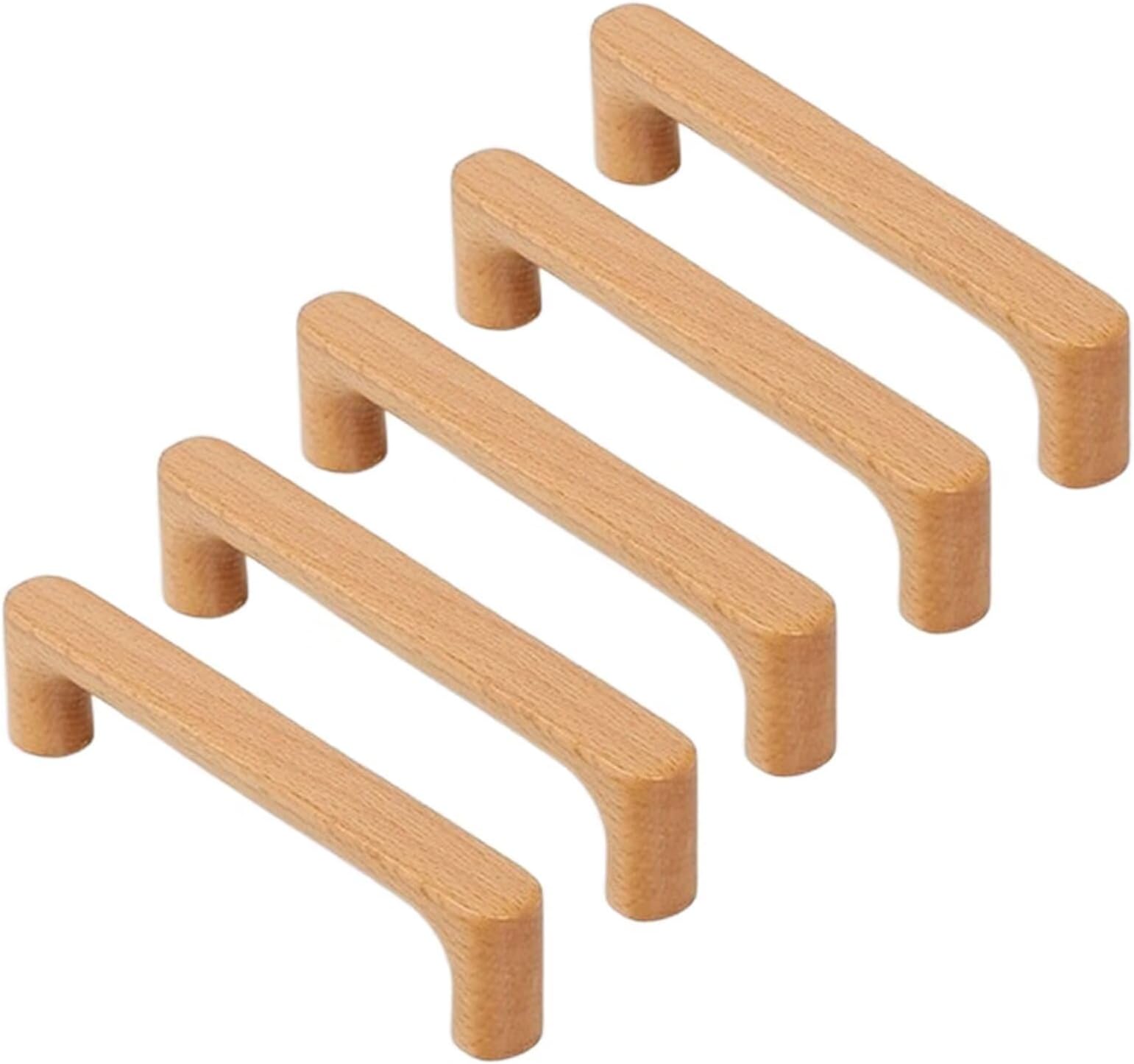 5PCS Solid Beech Wood Knobs Wooden Cabinet Handles Drawer Pull Handle for Cupboard Wardrobe Dresser Closet Door Home Decoration Furniture Pulls, 128mm Hole Distance
