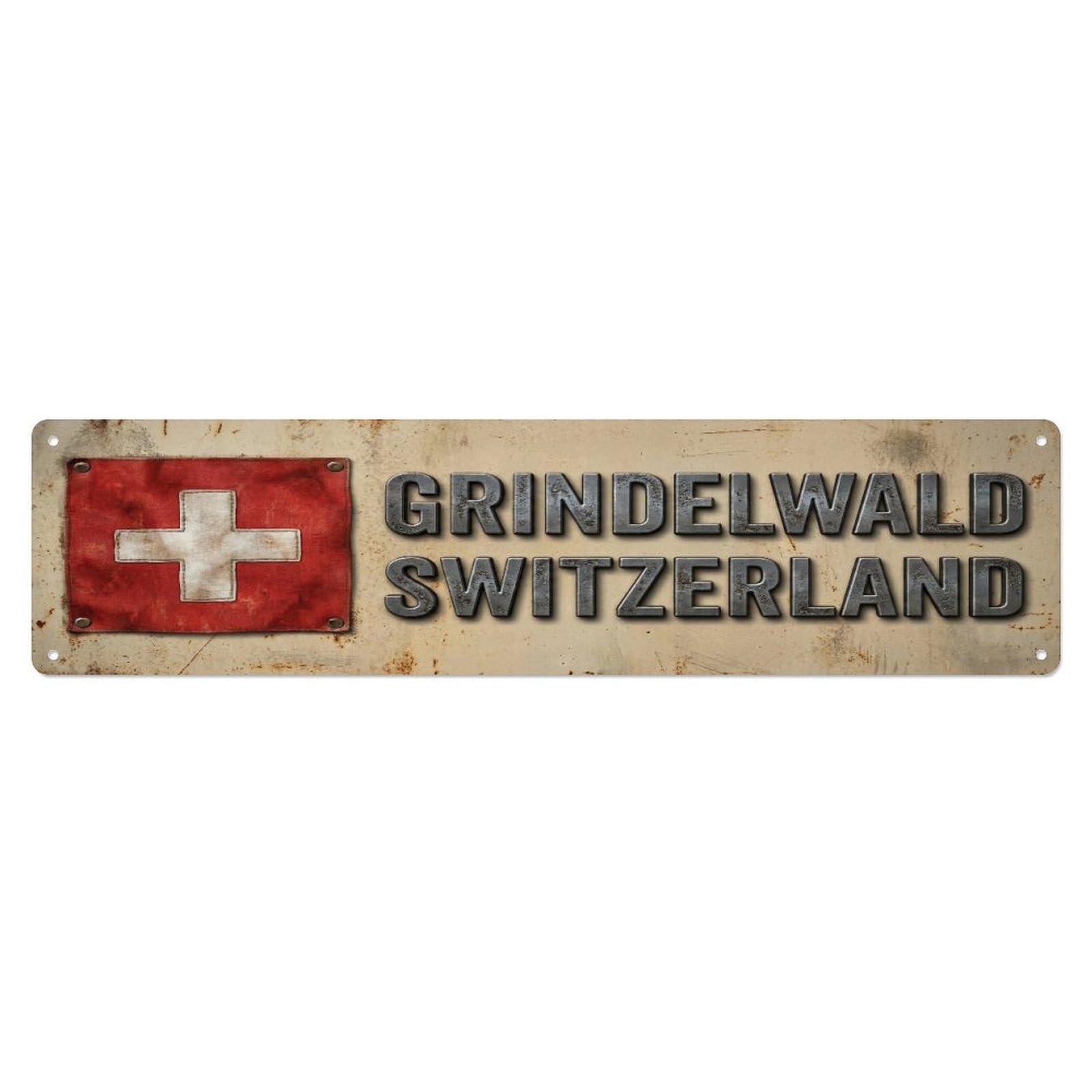 Metal Tin Sign Vintage Grindelwald Switzerland Flag Decor Rustic Travel