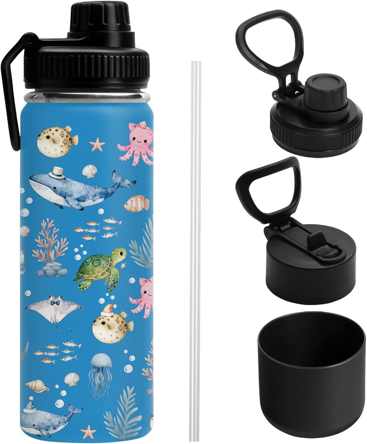 Whale Water Bottle for Son, Stainless Steel Insulated Ocean Themed Tumbler for Home with 2 Lids & Handle, Antislip Silicone Boot, 18oz Reusable Leak-Proof Marine Life Bottle for Sports, 1 PCS