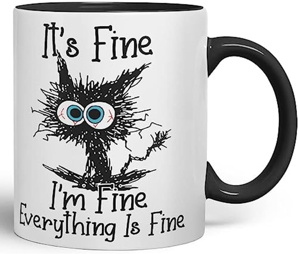 Vixar Tazza Umoristica 'Its Fine I'm Fine Everything Is Fine' Con Gatto - Tazza In Ceramica Nera 311g, Regalo