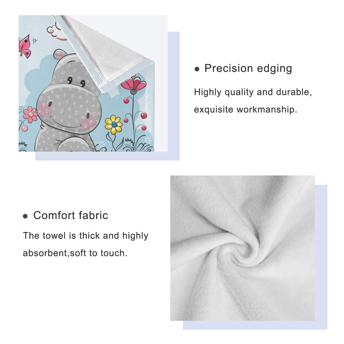 MNSRUU Juego de toallas de hipopótamo de dibujos animados para mujeres y niñas, toallas de baño, toallas de mano y paños de baño, accesorios absorbentes de baño