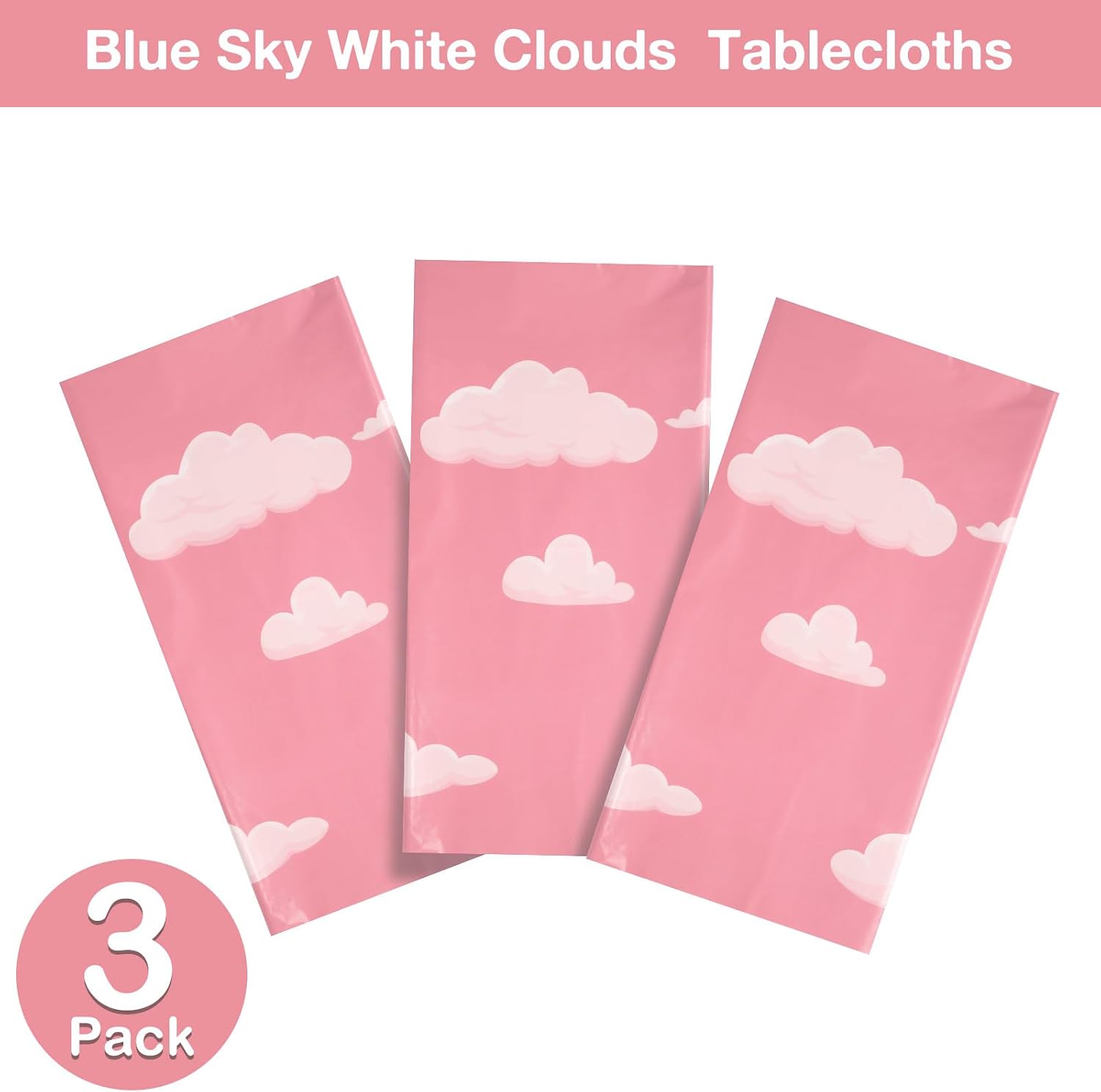 Tatuo 3 Pieces Cartoon Story Tablecloth Sky White Clouds Table Cover,Pink image 3