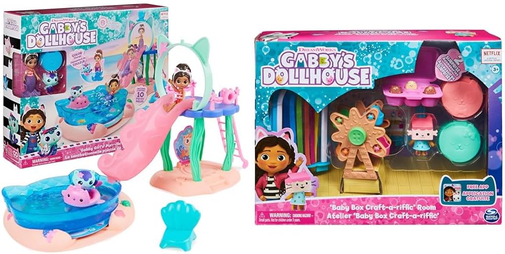 Gabby's Dollhouse, Purr-ific Pool Playset with Gabby and MerCat Figures & Baby Box Craft-A-Riffic Room with Baby Box Cat Figure, Accessories